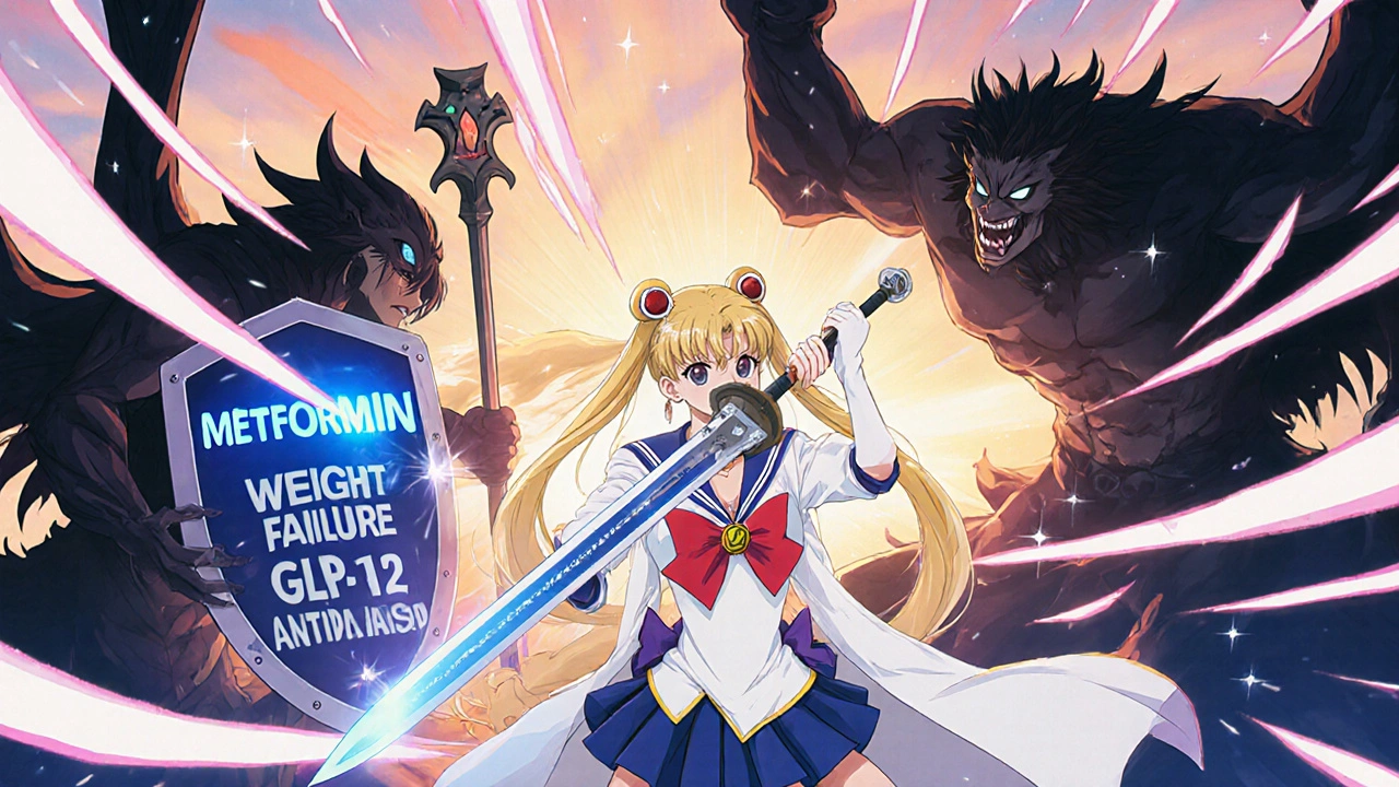 A medical warrior with Metformin sword defeating weight gain and heart failure monsters.