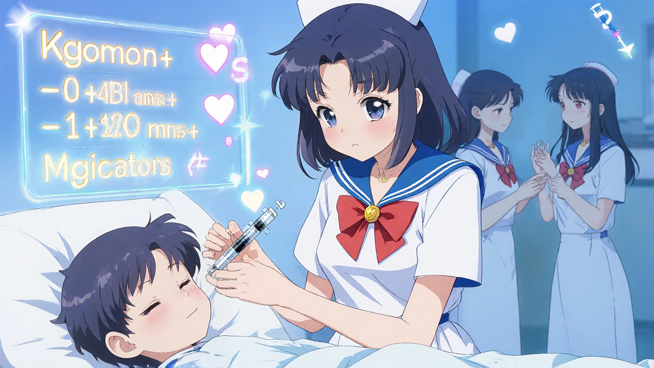 A nurse giving medicine with a syringe while holographic dosing calculations glow beside a child in a hospital bed.