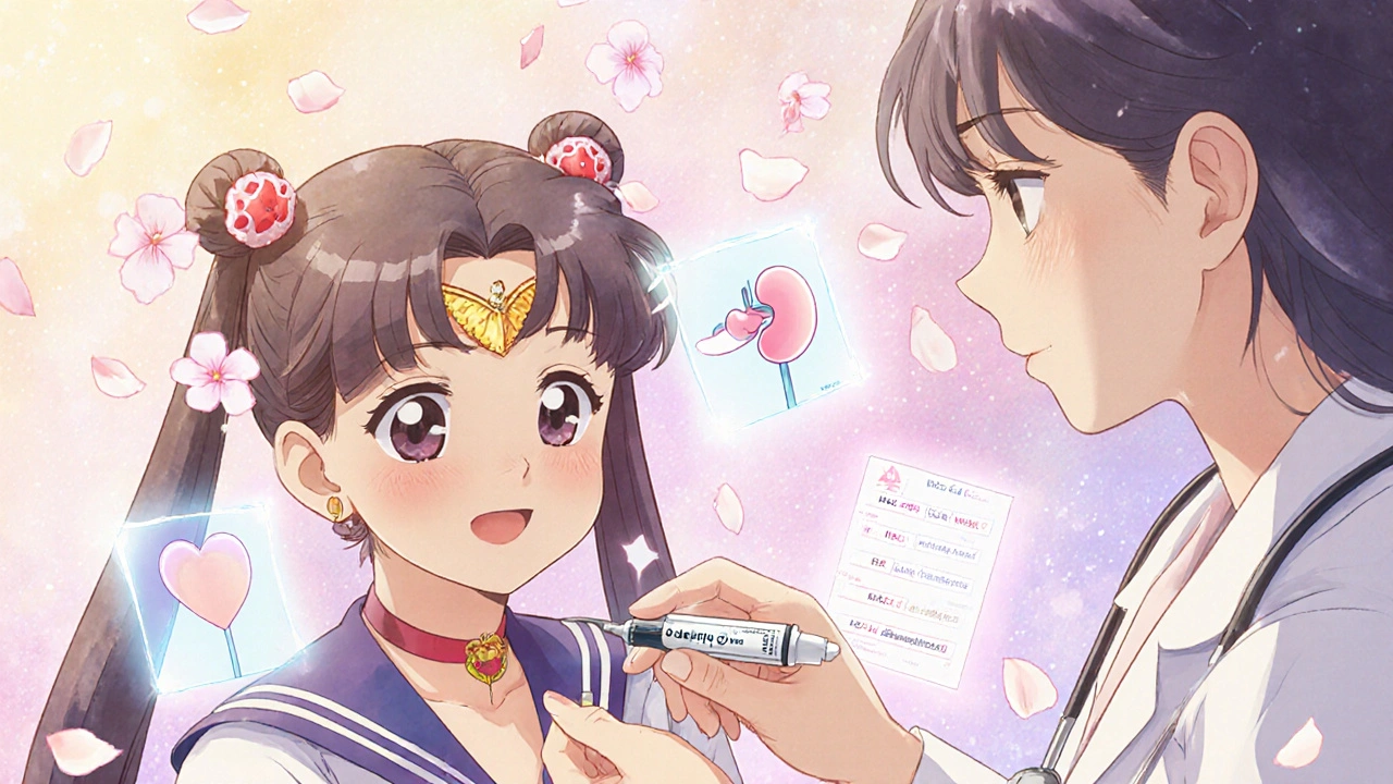 A patient receiving an Ozempic pen with floating health charts and cherry blossoms.