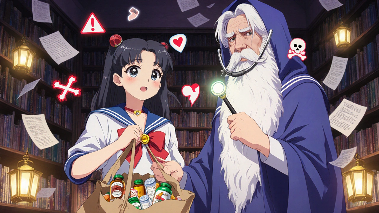 A patient with a brown bag of meds standing before a pharmacist with a glowing stethoscope.