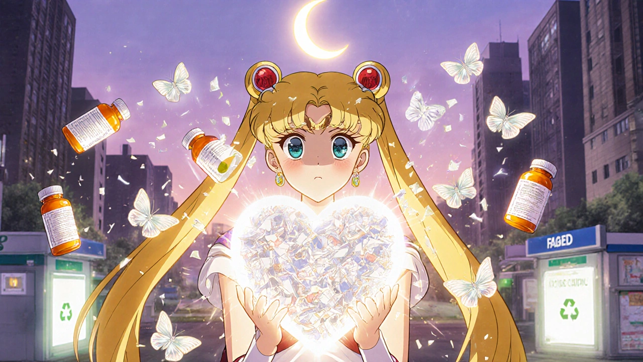 A person transforms shredded pill bottle pieces into a heart-shaped shield of butterflies, glowing crescent moon above.