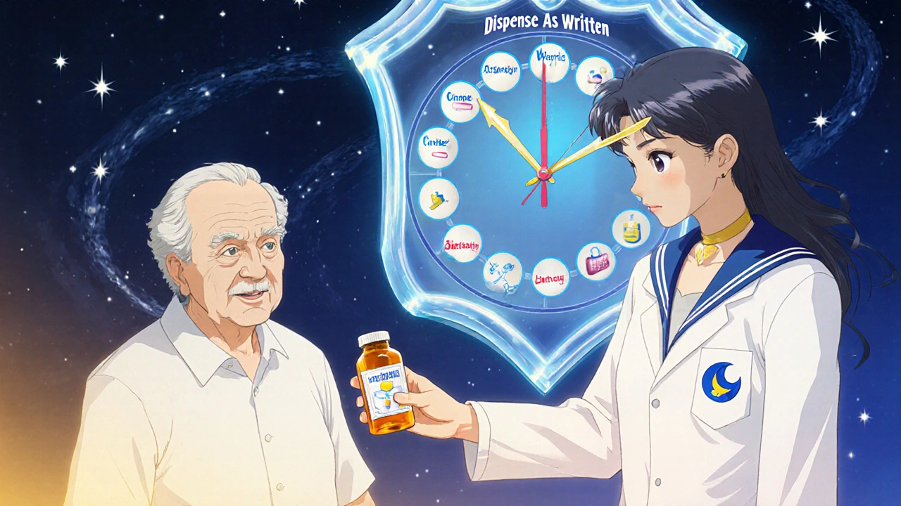 A pharmacist giving a pill bottle to an elderly patient, with rotating manufacturer labels and a protective shield.