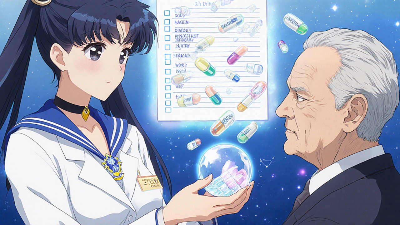 A pharmacist hands a crystal-shaped pill organizer to an elderly patient, with colorful floating medication labels above.