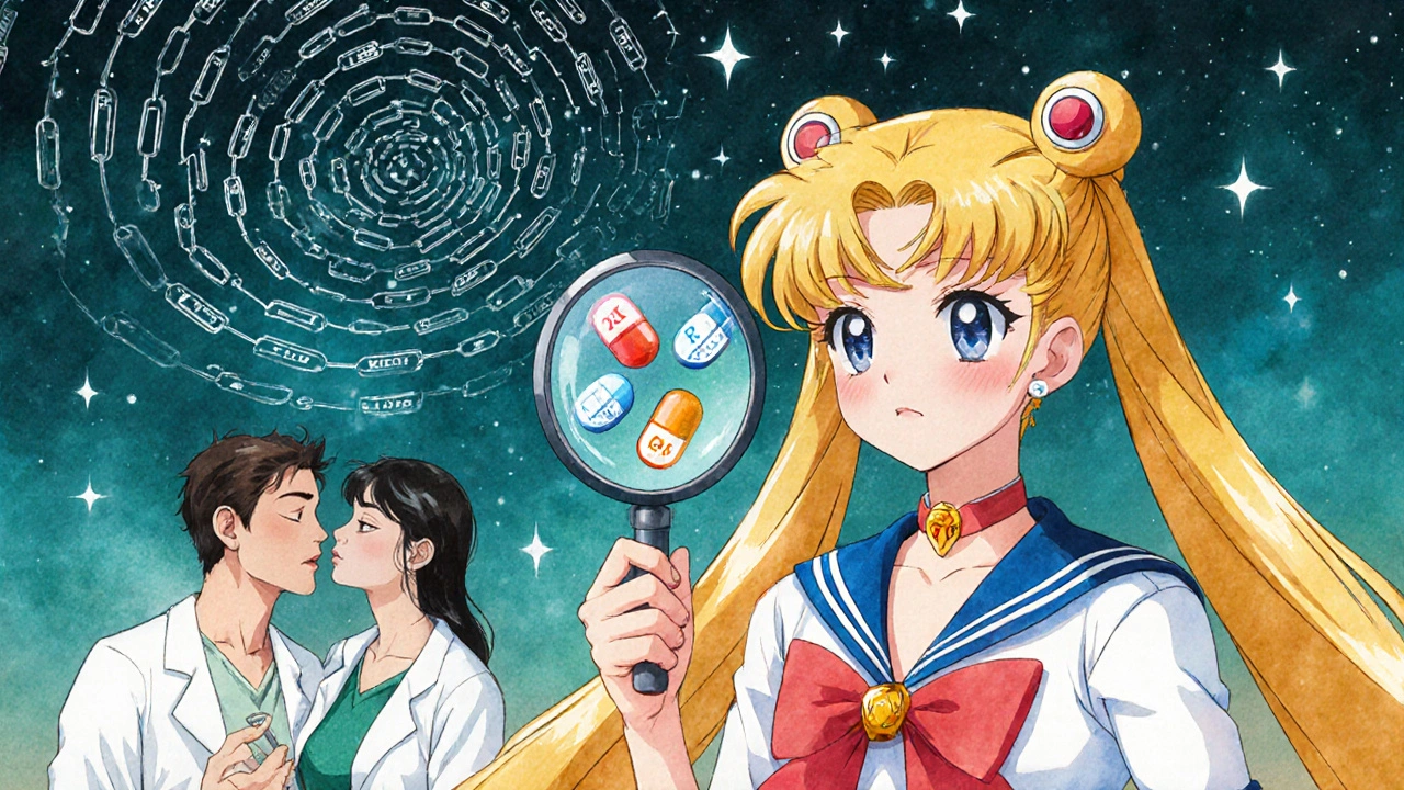 A pharmacist reveals hidden microstructures inside generic pills with a magnifying glass, blockchain patterns rising behind.