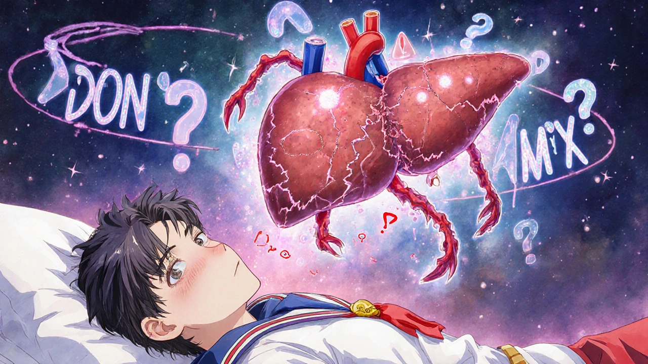 A toxic cocaethylene monster attacks a liver and heart, with warning symbols and glowing runes circling an unconscious person.