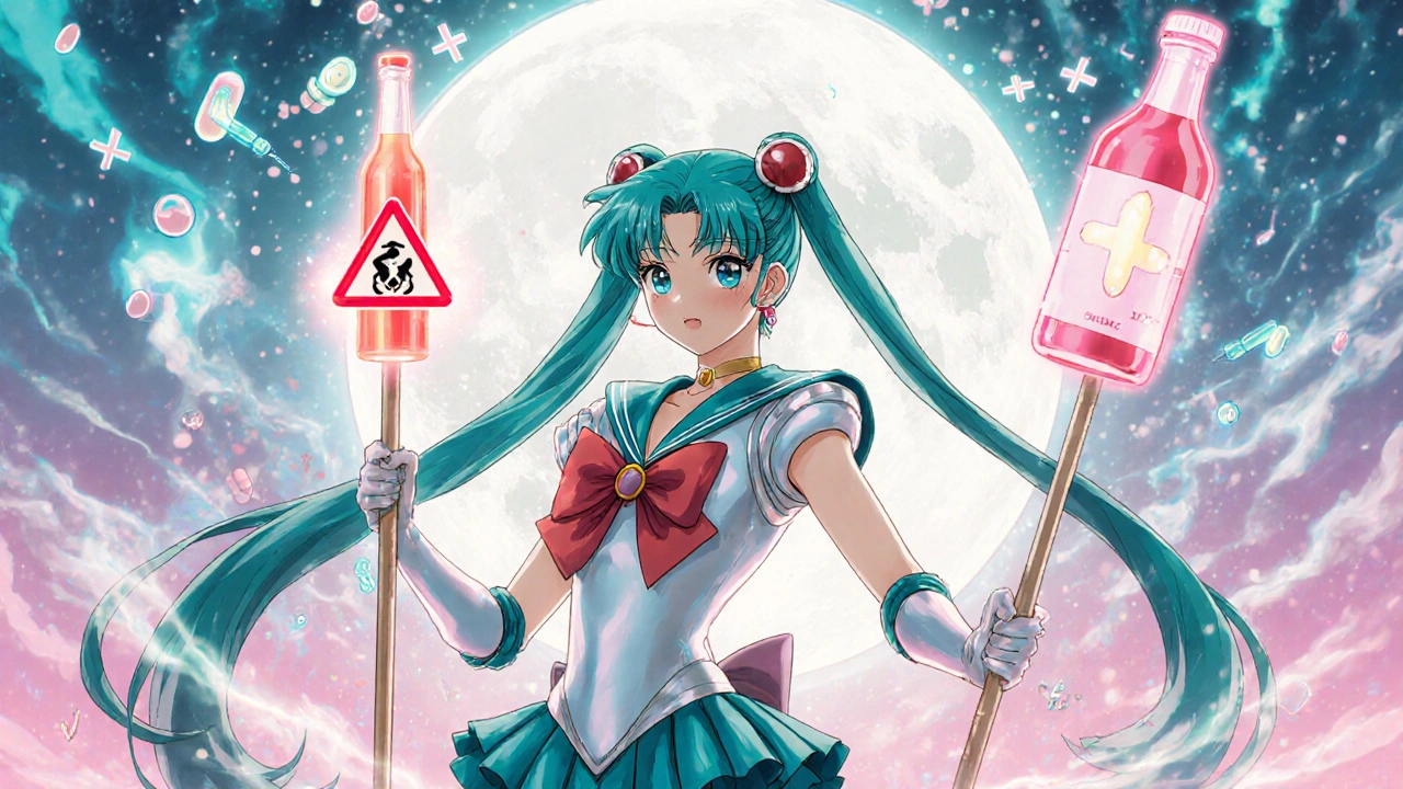 A warrior in a kombucha-themed suit defeats medication symbols with a glowing staff, under a SCOBY-shaped moon.