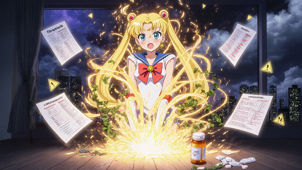 A woman glowing with unstable hormone energy, ashwagandha vines wrapping around her thyroid, medical charts floating around her.