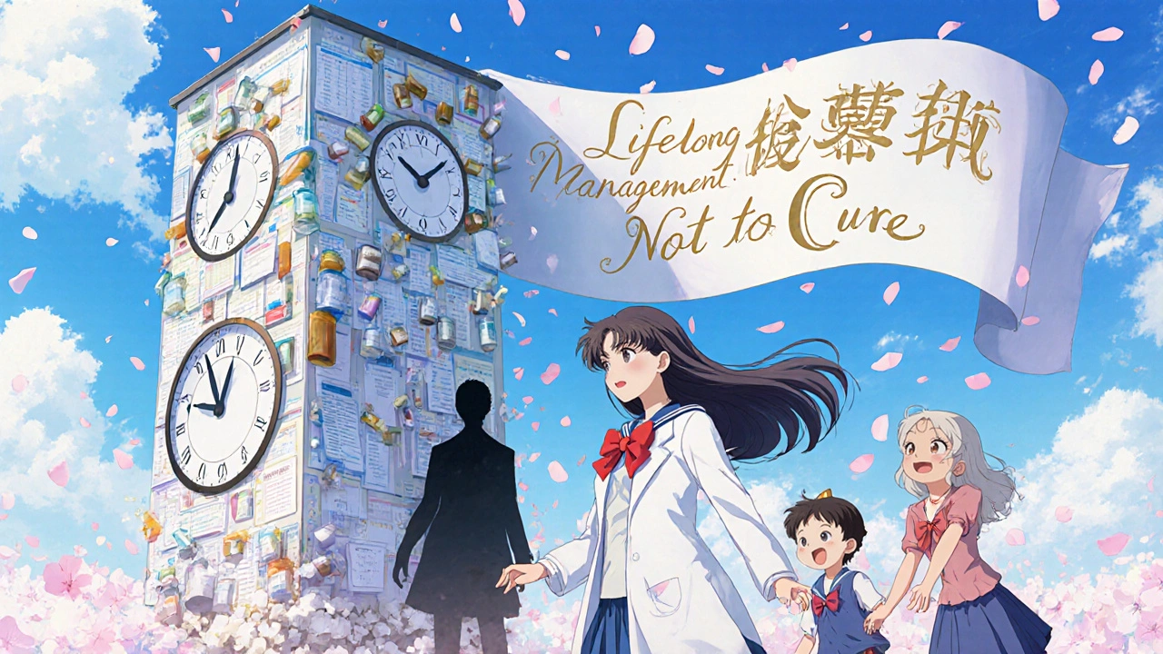 A woman transforms into her younger self as a medical clock ticks backward, shadowy diabetes fades away, sakura petals fall around her.