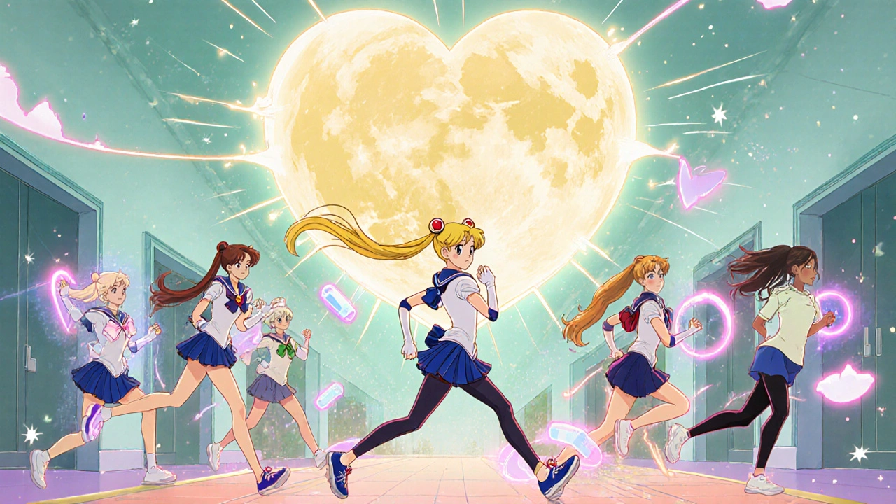 Diverse patients exercise with glowing statin auras under a moon-shaped heart, blending health and hope in a stylized scene.