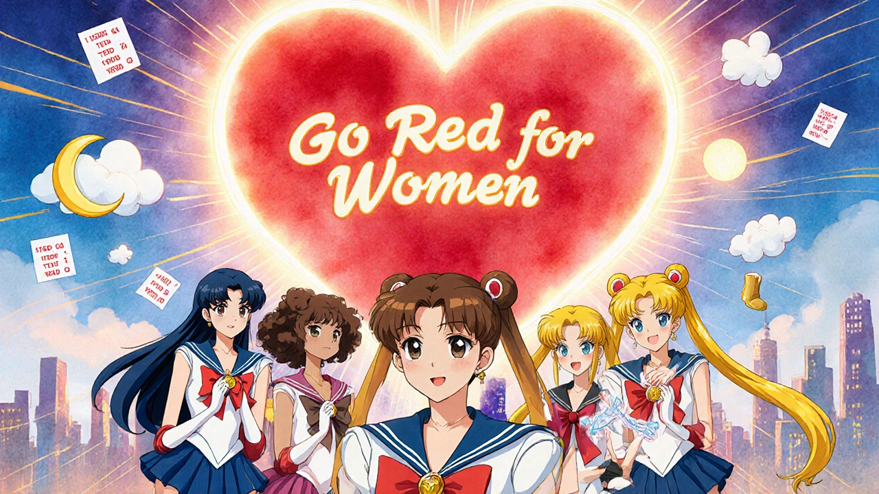 Diverse women united under heart banner, holding symbols of risk factors in anime style.