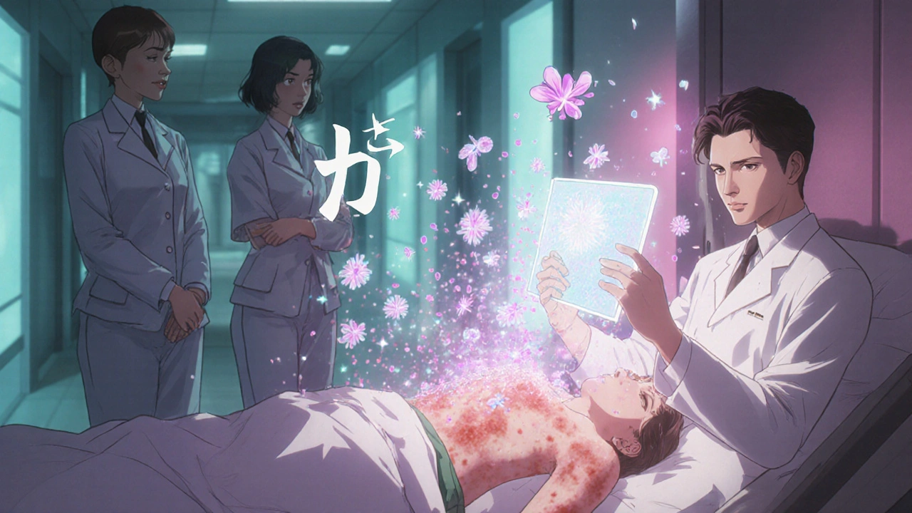 Doctor holding a holographic biopsy showing neutrophils flooding skin, patient in hospital with radiant rash.