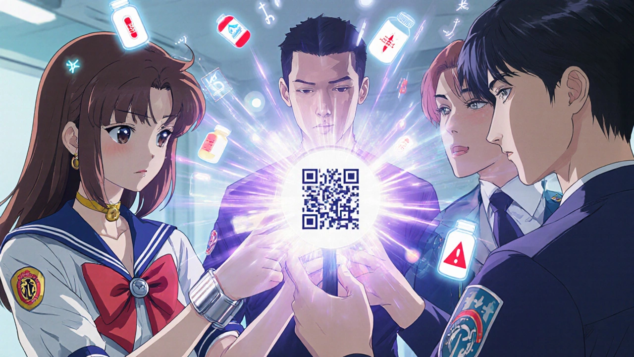 Emergency responders scanning a QR bracelet that projects holographic medication warnings.