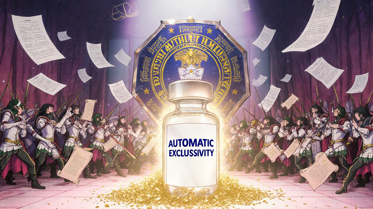 FDA shield blocking generic drug warriors as a glowing Humira vial radiates energy, legal scrolls crumbling in the background.