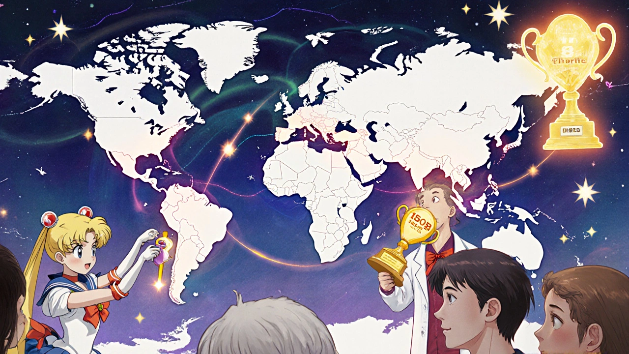 Global map showing different countries&#039; drug exclusivity protections, a generic fairy attempting to unlock the U.S. shield.