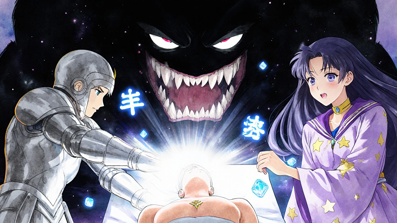 Heroic figures battle a monster labeled &#039;Antibiotic Resistance&#039; with light beams, while a patient&#039;s skin heals beneath them in a dreamy anime battle scene.