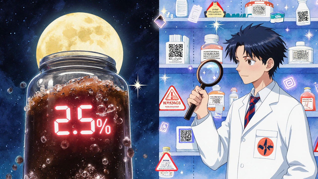 Homebrew kombucha bubbles dangerously beside a pharmacy shelf with glowing red warnings and floating QR codes.