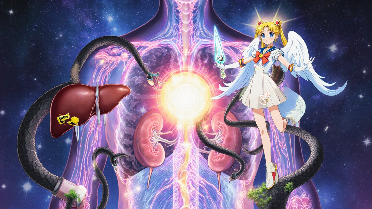 Internal body as a cosmic landscape with dangerous drug serpents coiling around arteries.