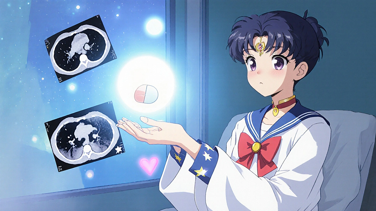 Patient and endocrinologist with floating CT scans in magical anime style