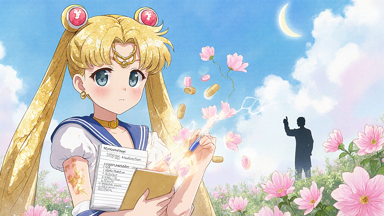 Patient in garden as rash turns to petals, holding medication history notebook under soft sunlight.