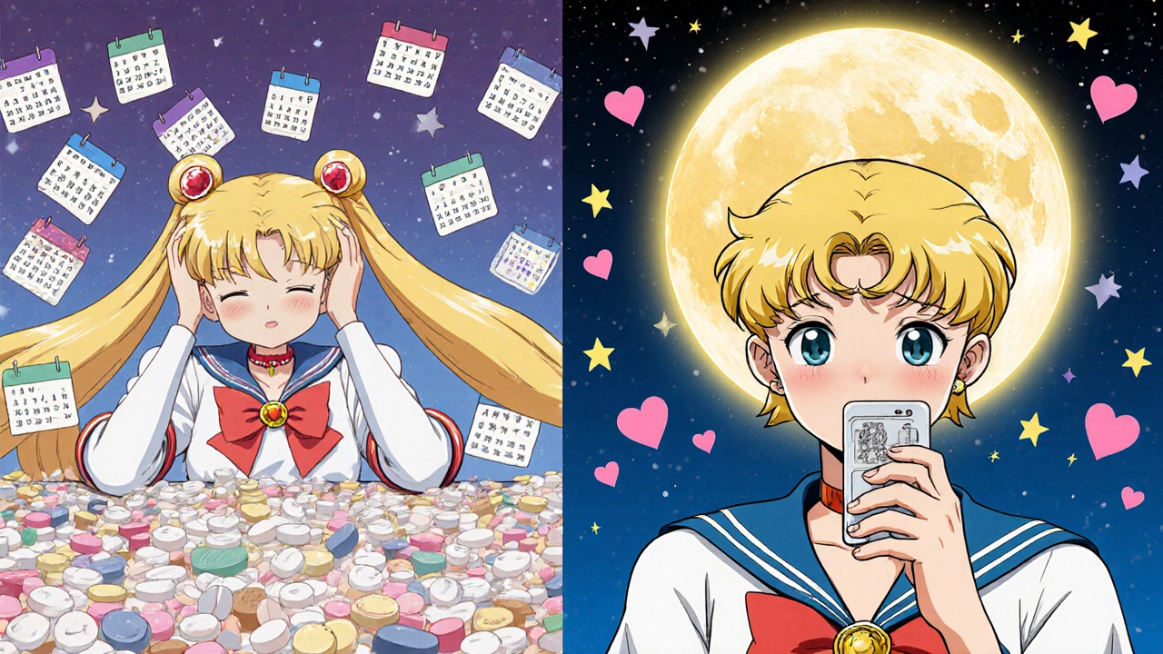 Split scene: chaotic pills vs. calm single pill case under a glowing &#039;Med Sync&#039; emblem in anime style.