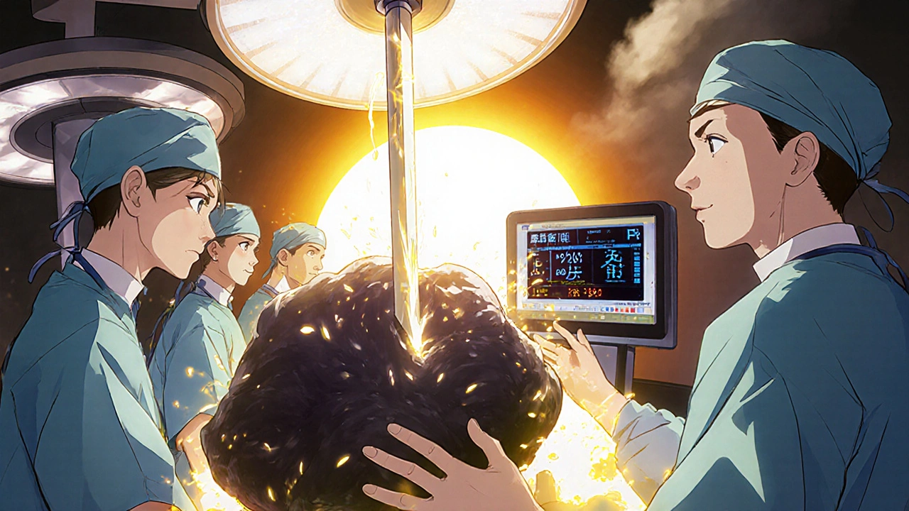 Surgical team removing a tumor with golden energy in anime style