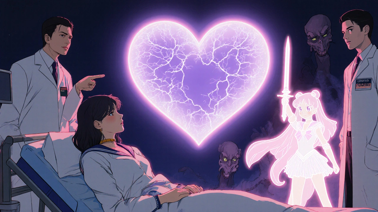 Woman in ER with holographic heart showing microvascular damage, inner warrior fighting doubt.