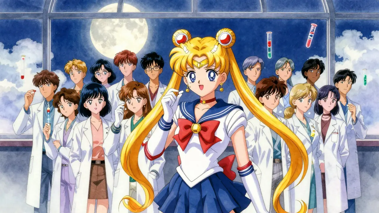 24 volunteers taking pills under moonlight, with overlapping bioequivalence curves rising from their chests.