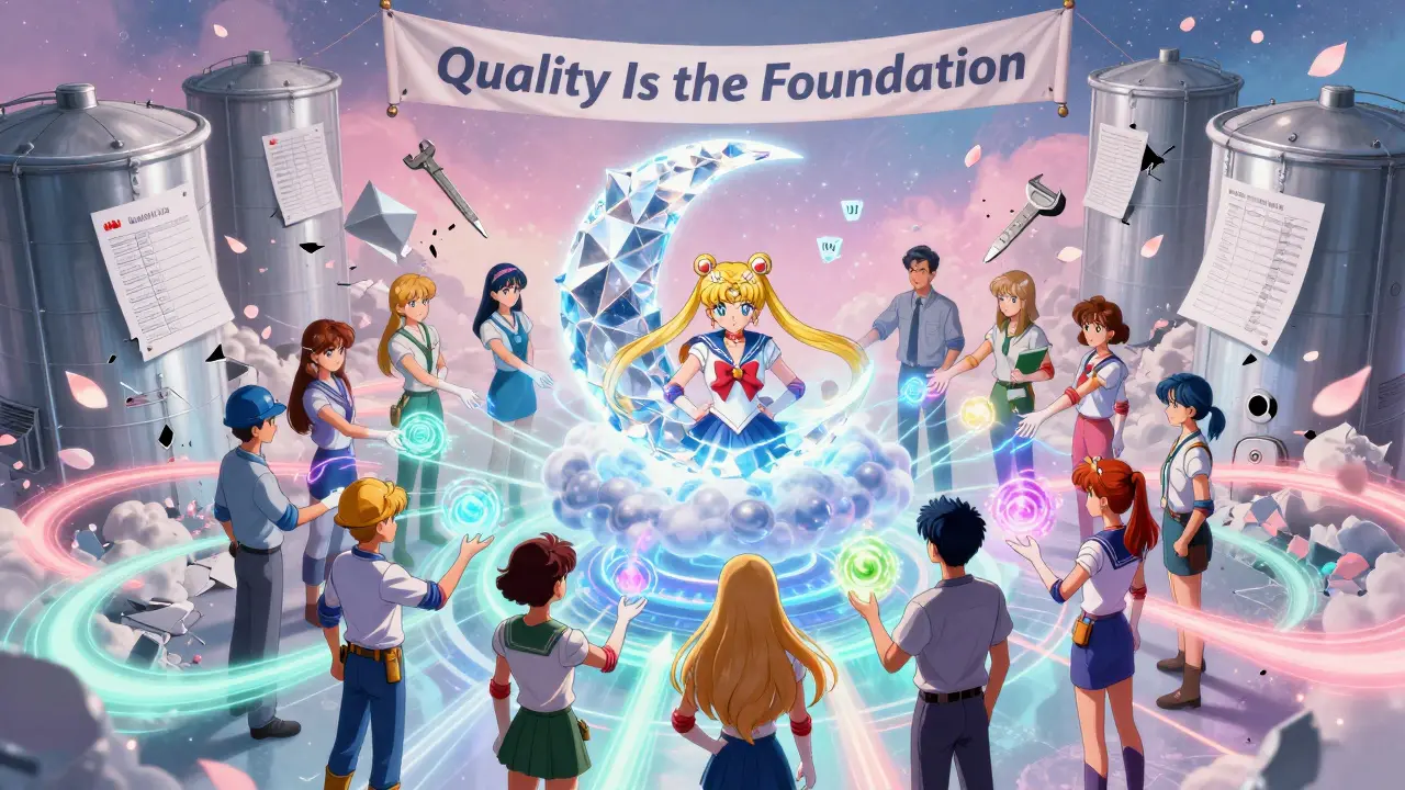 A diverse team channels energy into a glowing cloud-based quality system, dissolving old paper checklists into petals.