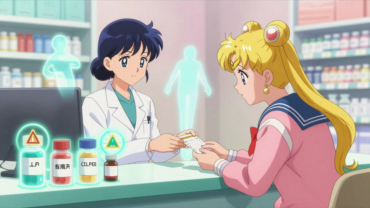 A doctor handing a prescription to a senior, with warning halos around medication bottles in soft anime lighting.