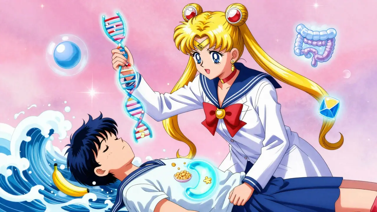A doctor holding a DNA strand above a patient, with calming gut symbols and food charms in anime style.