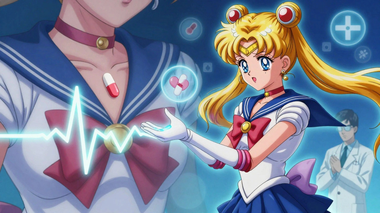 A girl stabilizes a heartbeat line with her hand as a thyroid pill dissolves, contrasting unstable and steady medical signals in anime style.