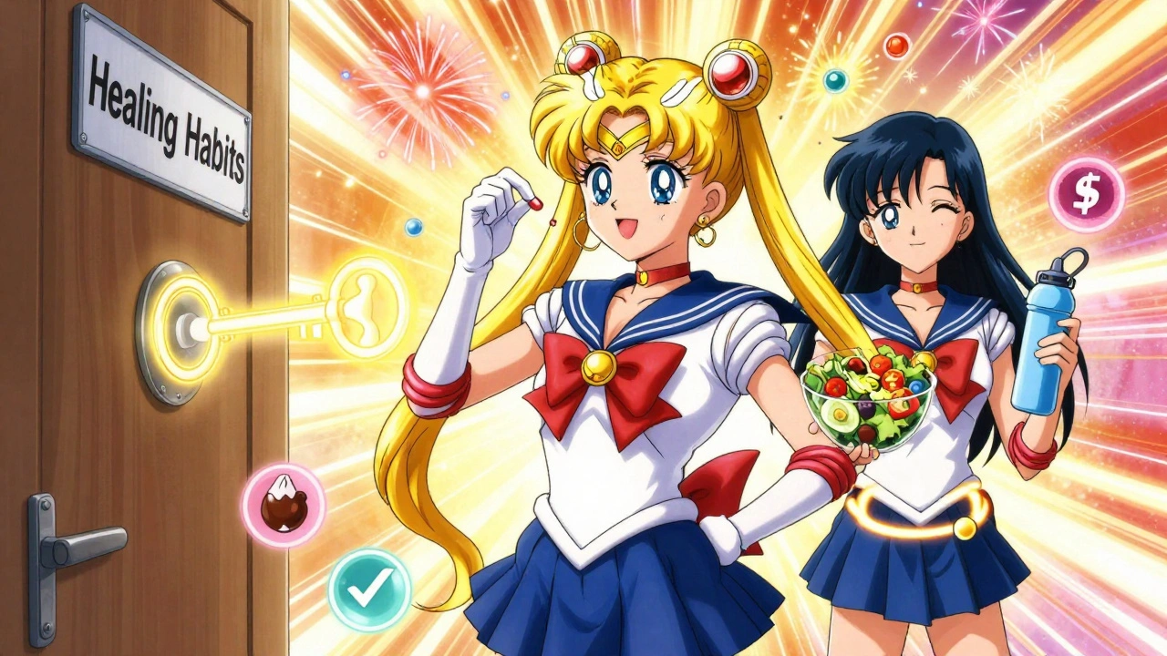 A girl transforming a pill into a key that opens a door to a healthier self, with a glowing LINX device behind her.