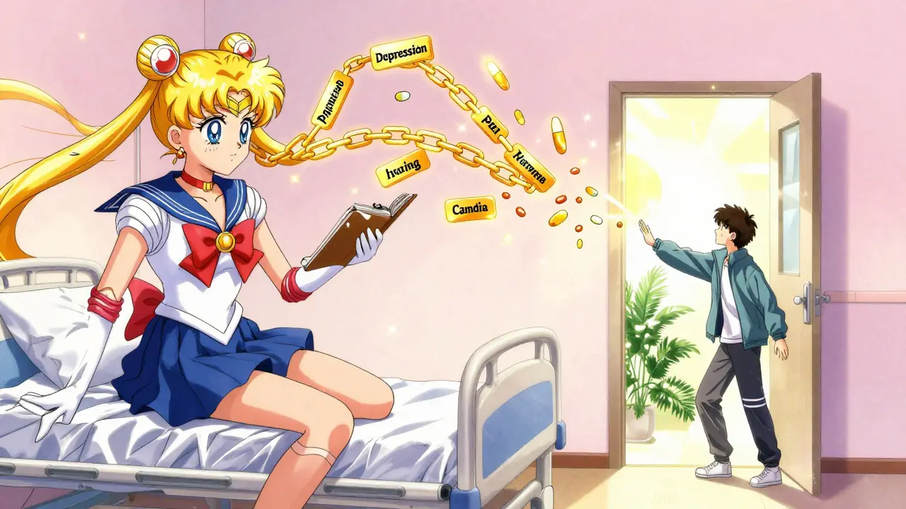 A golden chain breaks above a hospital bed, with two figures reaching toward sunlight, representing integrated pain and mental health care.