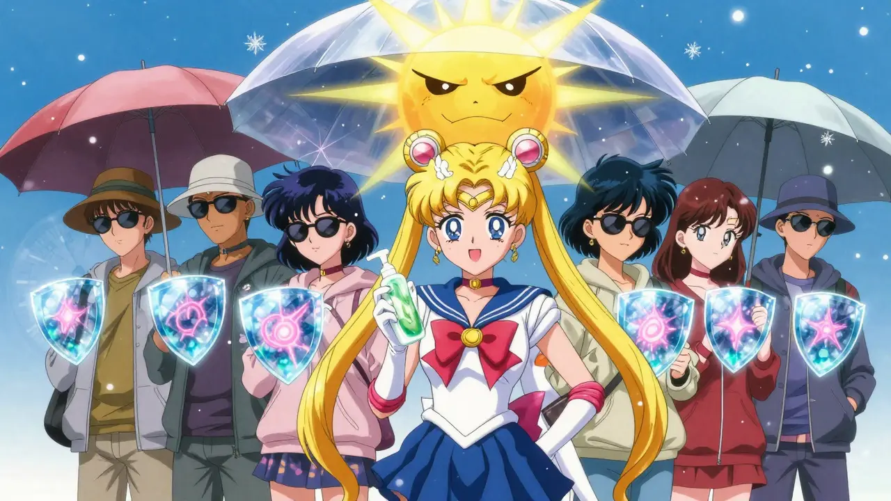 A group of people protected by UV shields under an umbrella, wearing sun-safe clothing in snowy anime setting.