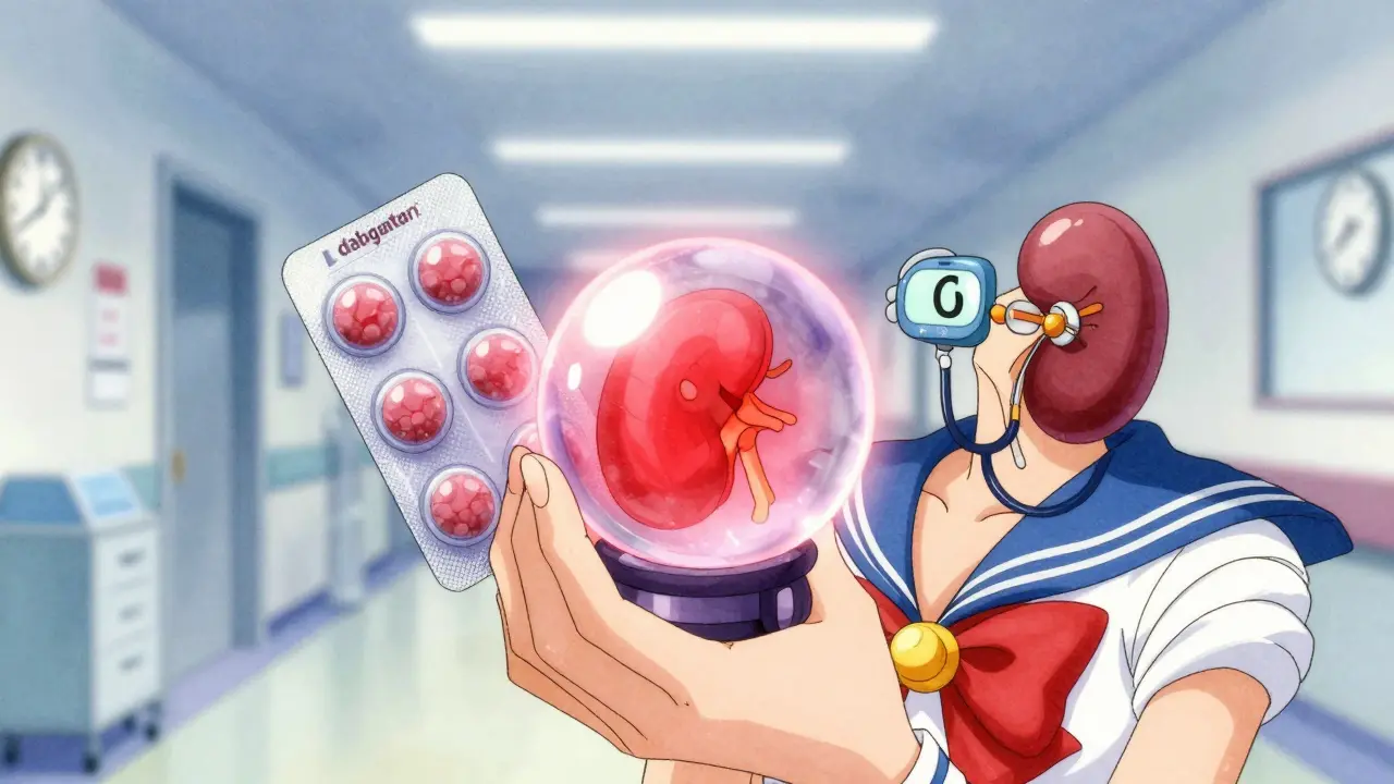 A hand holds a dabigatran blister pack as a tiny kidney checks an eGFR monitor with glowing warnings.