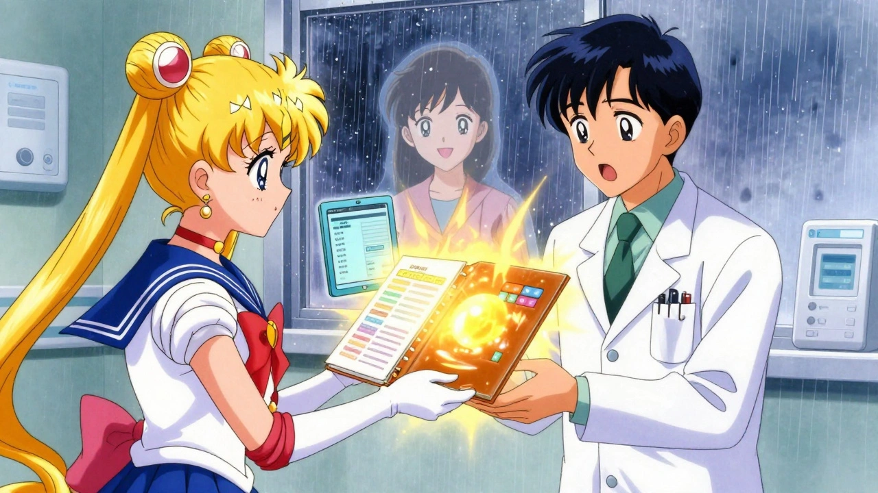 A patient hands a glowing binder to a doctor in an ER, with digital and physical records syncing.