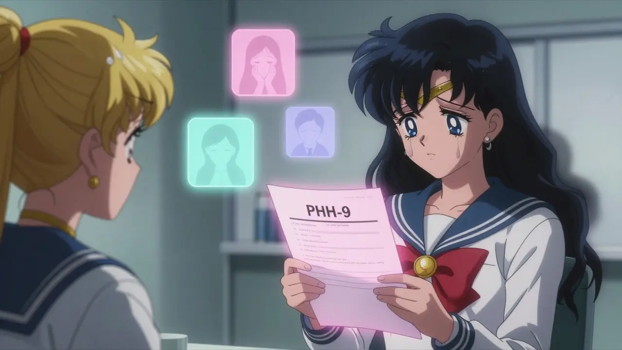 A patient holds a depression screening form while a shadowy crying face rises from them, in a clinic with soft glowing light.