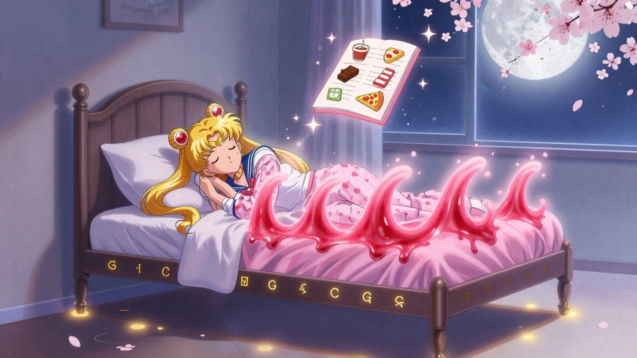 A peacefully sleeping girl in a bed elevated by magic runes, blocking acid with a pink barrier under moonlight.