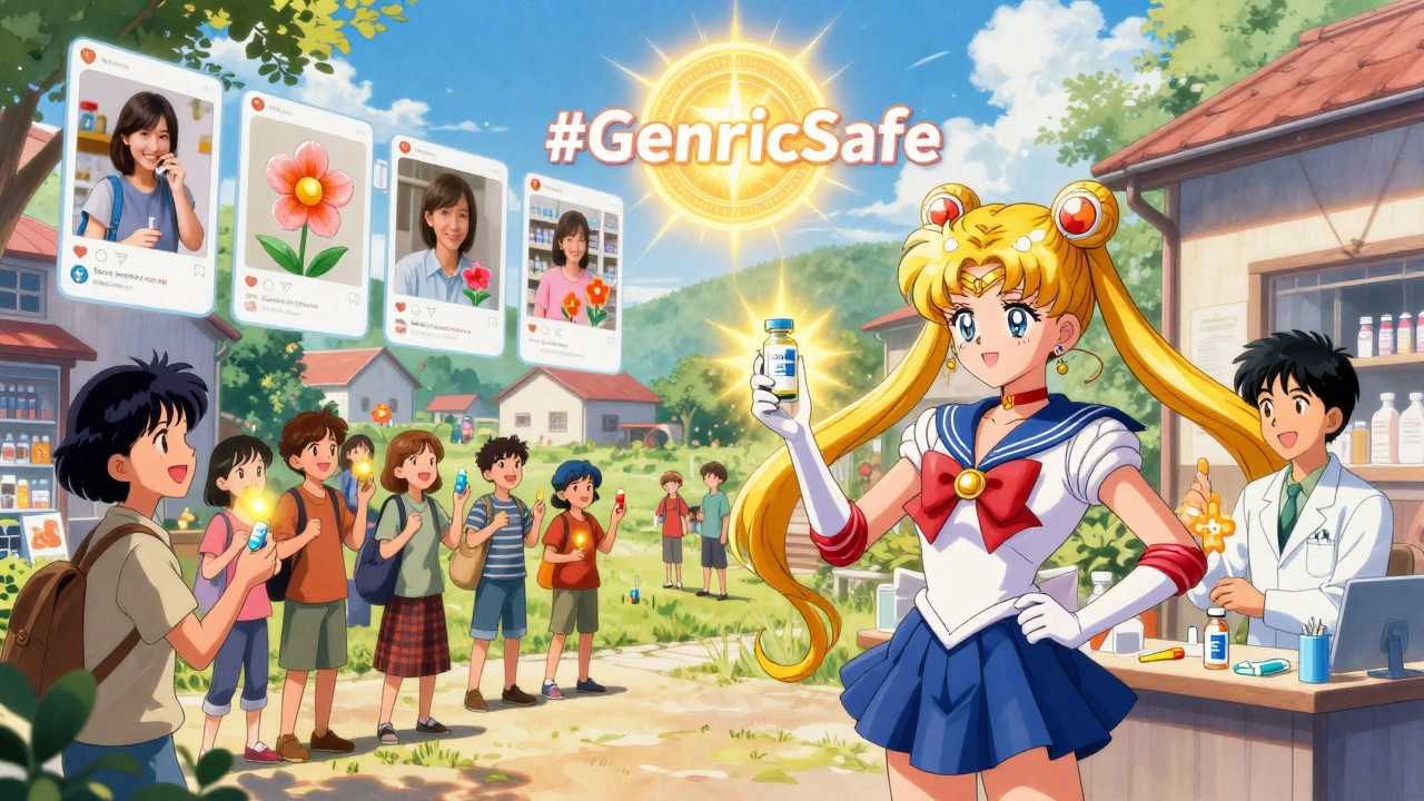 A pharmacy tech transforms into a magical girl posting a Reel, with patient stories blooming as flowers and #GenericSafe shining in the sky.