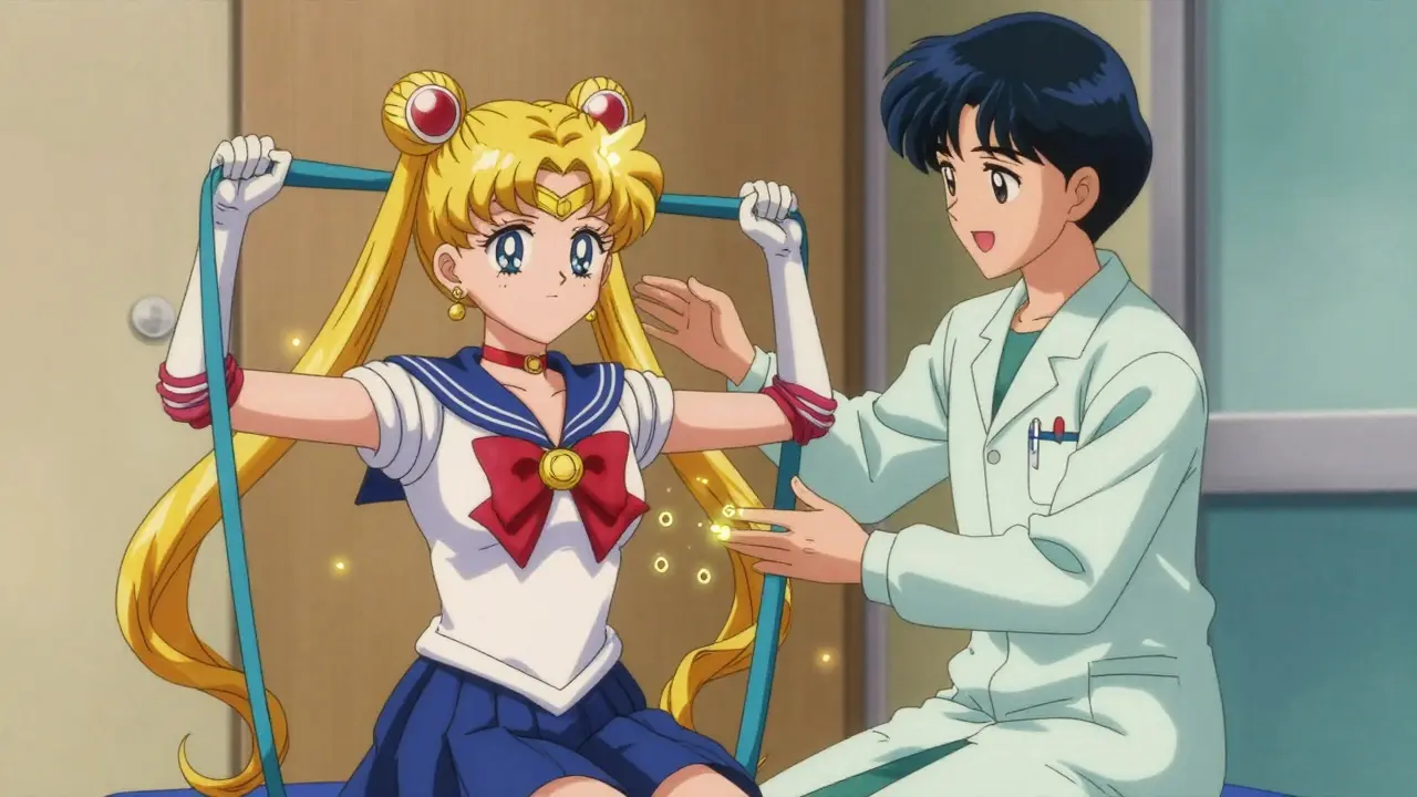A physical therapist and patient performing seated resistance training with glowing bands, in soft anime lighting.