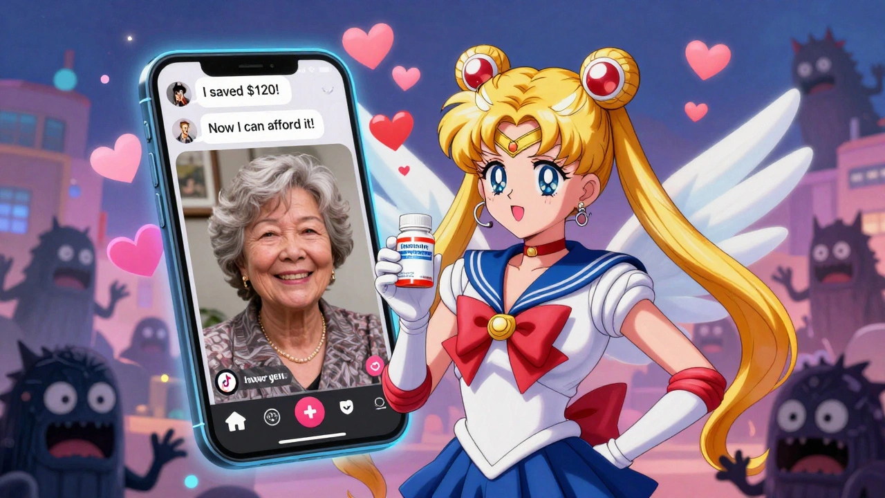 A real patient smiles holding a generic medication bottle, with positive comments floating as hearts in a dreamy digital feed guarded by a stethoscope angel.