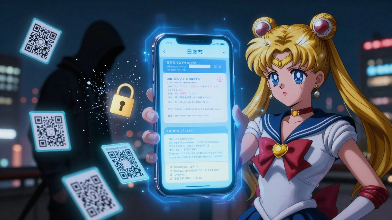 A smartphone with encrypted prescription data protected by a glowing blue shield and QR codes.