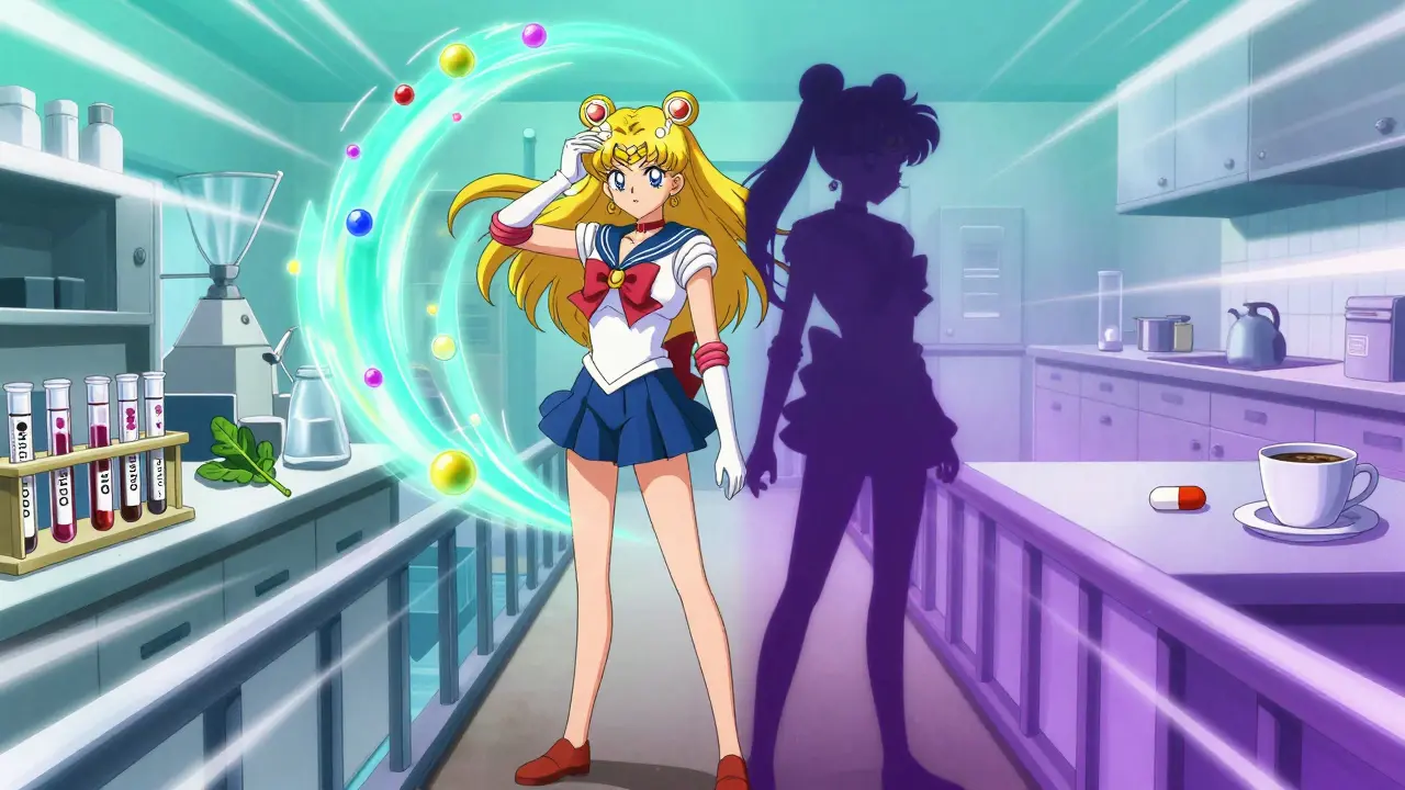 A woman stands on a bridge between chaotic blood tests and a calm DOAC routine, surrounded by magical energy.