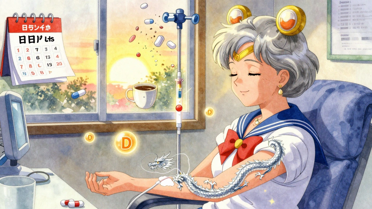 An elderly woman receives a glowing IV infusion as broken pills and calcium tablets shatter into confetti around her.