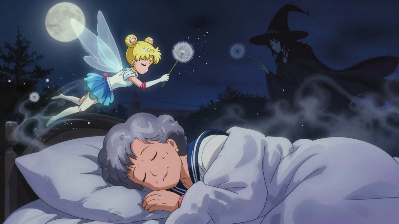 An elderly woman sleeps peacefully as a gentle antihistamine fairy repels allergy spirits under moonlight.