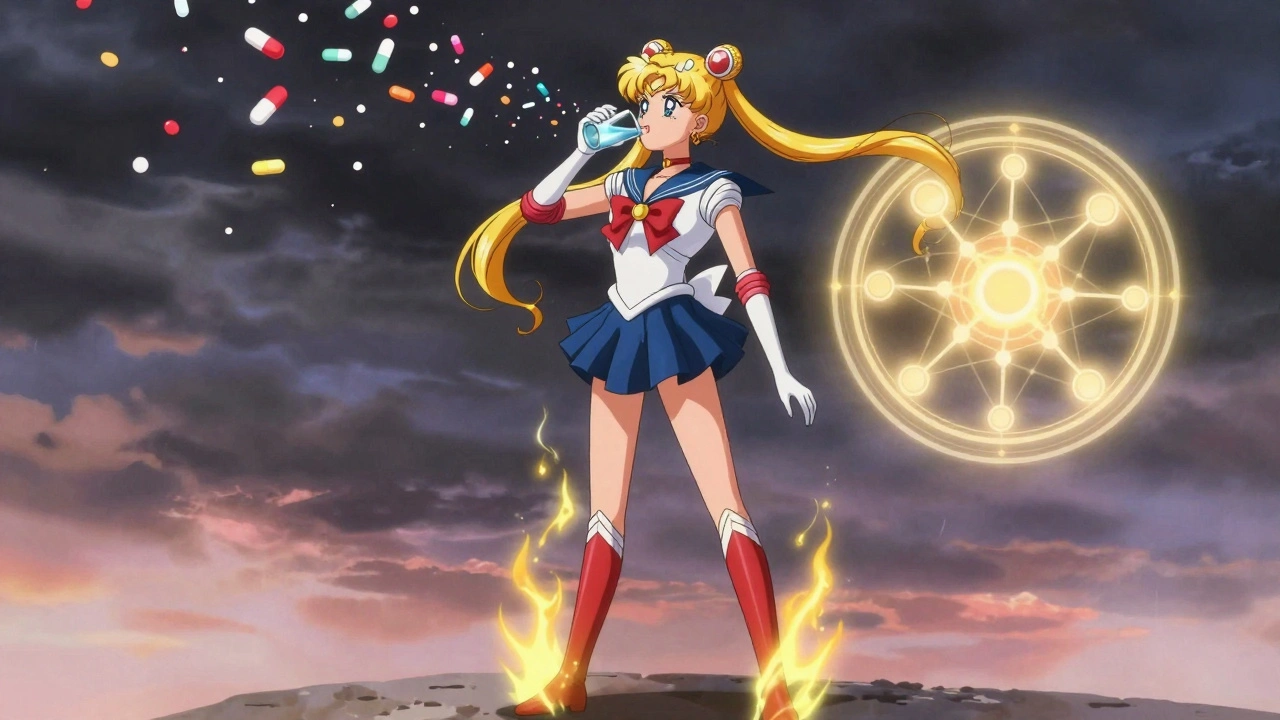 An older adult standing strong with compression stockings, golden energy countering dizziness, pills dissolving into confetti.