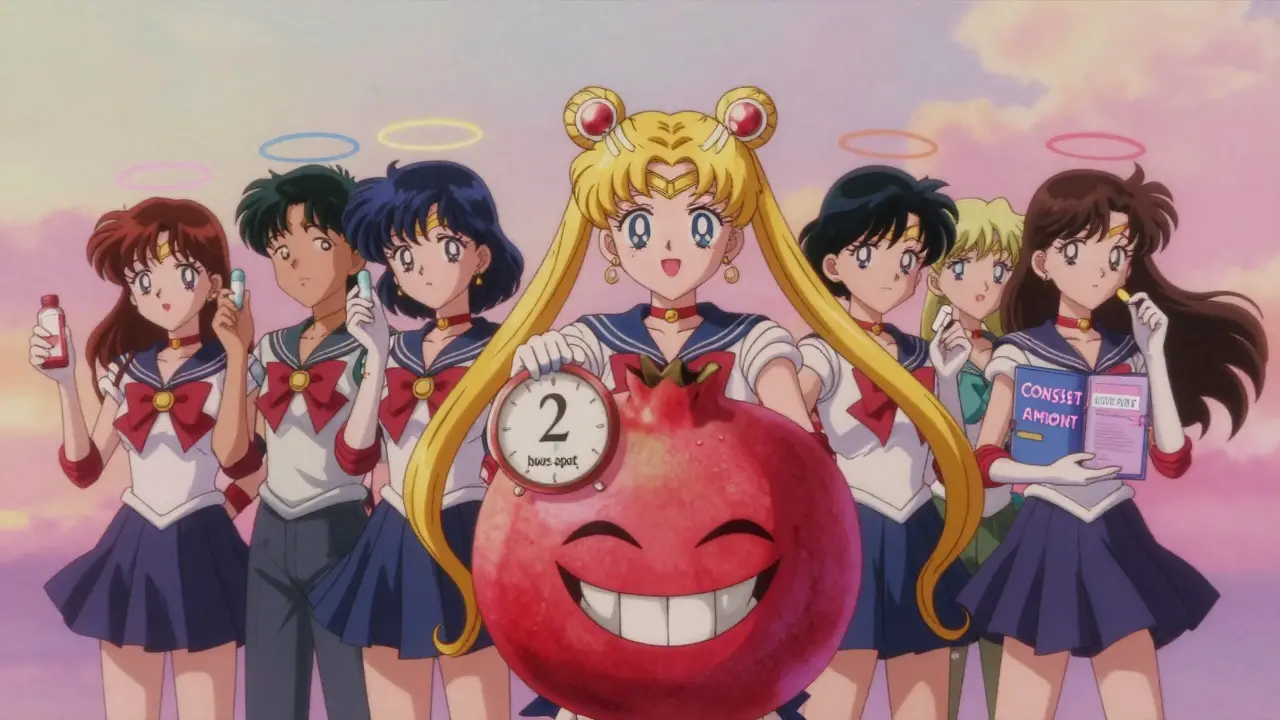 Anime characters with medications nervous around a smiling pomegranate, clock and notes showing safe intake.