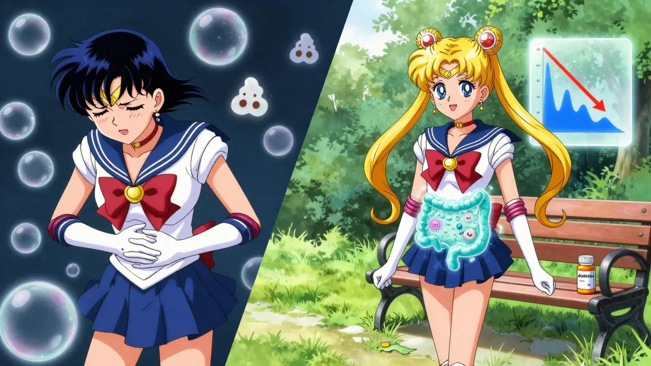 Before-and-after scene: one side shows abdominal distress, the other shows peaceful walk with improved blood sugar.