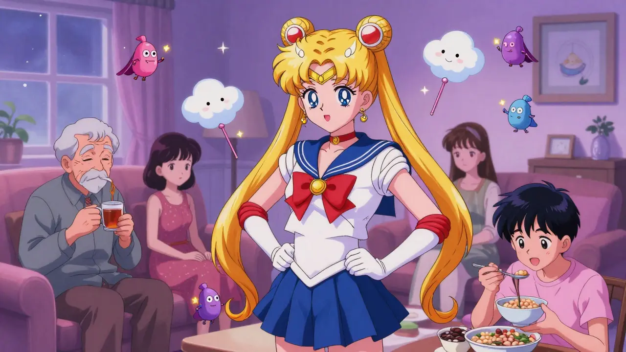 Diverse patients in moonlit rooms with cute probiotic bacteria floating around them, reducing gas clouds.