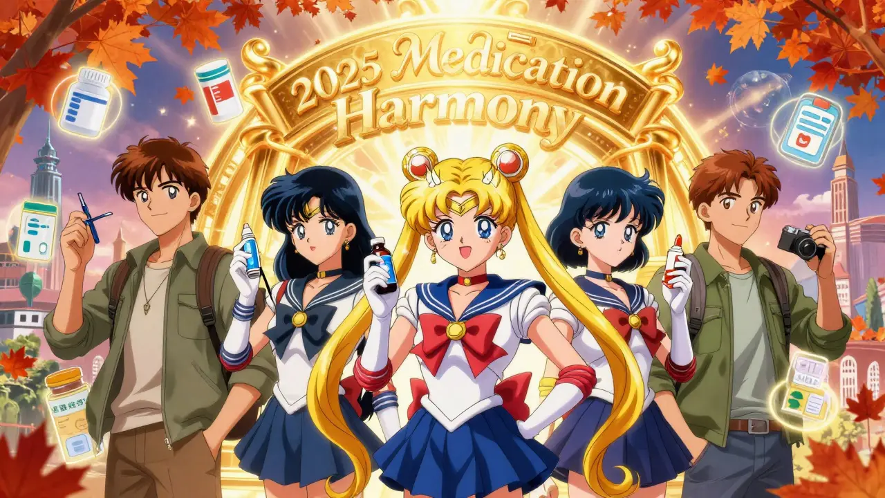 Diverse travelers united under a golden portal of digital medication compliance icons and global landmarks.